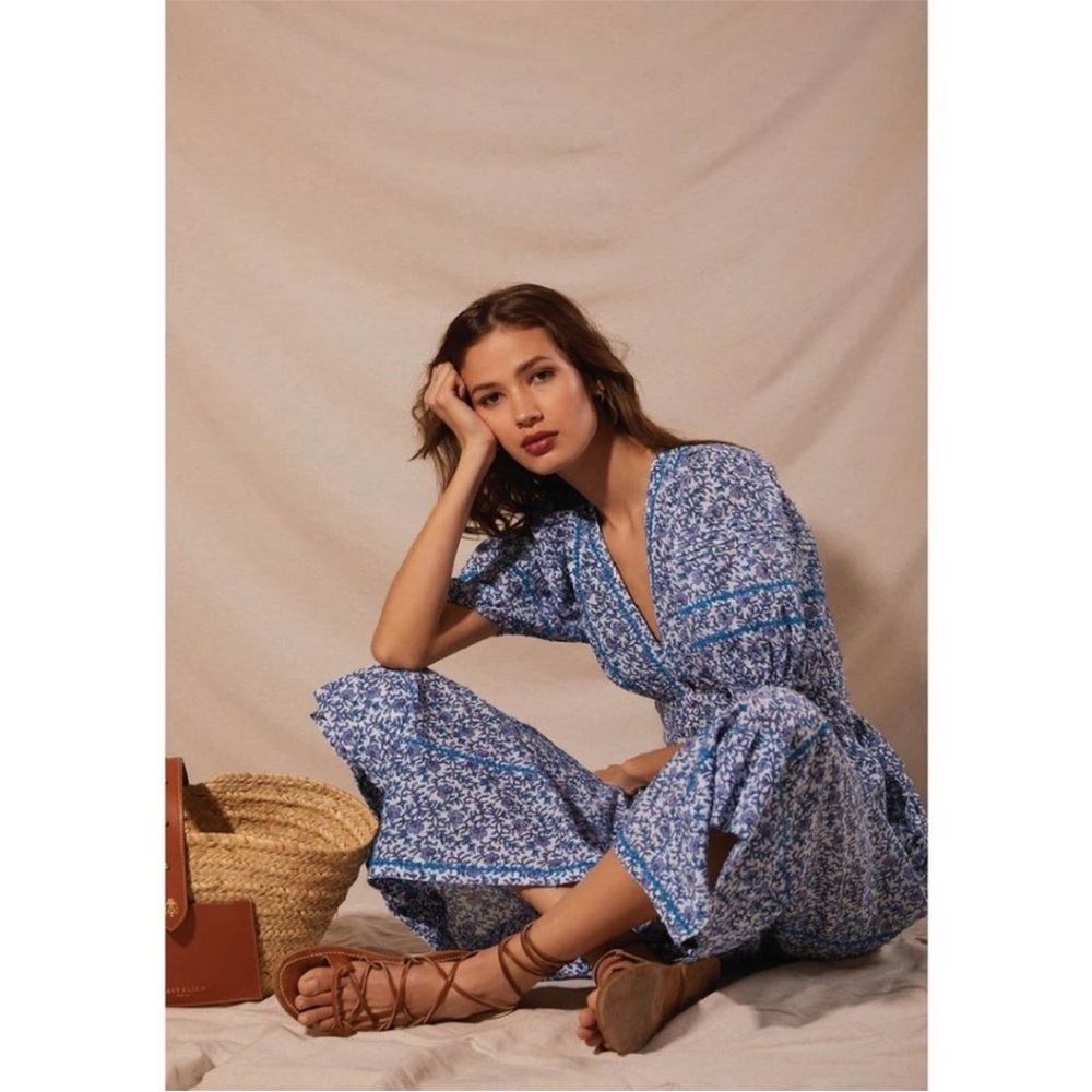 Poupette St Barth Dress Reine Midi Button down in Mistral Blue Floral - Picture 4 of 8